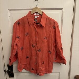 Casey Coleman Vintage Women's Coral Linen Embroidered Butterfly Blouse Size M